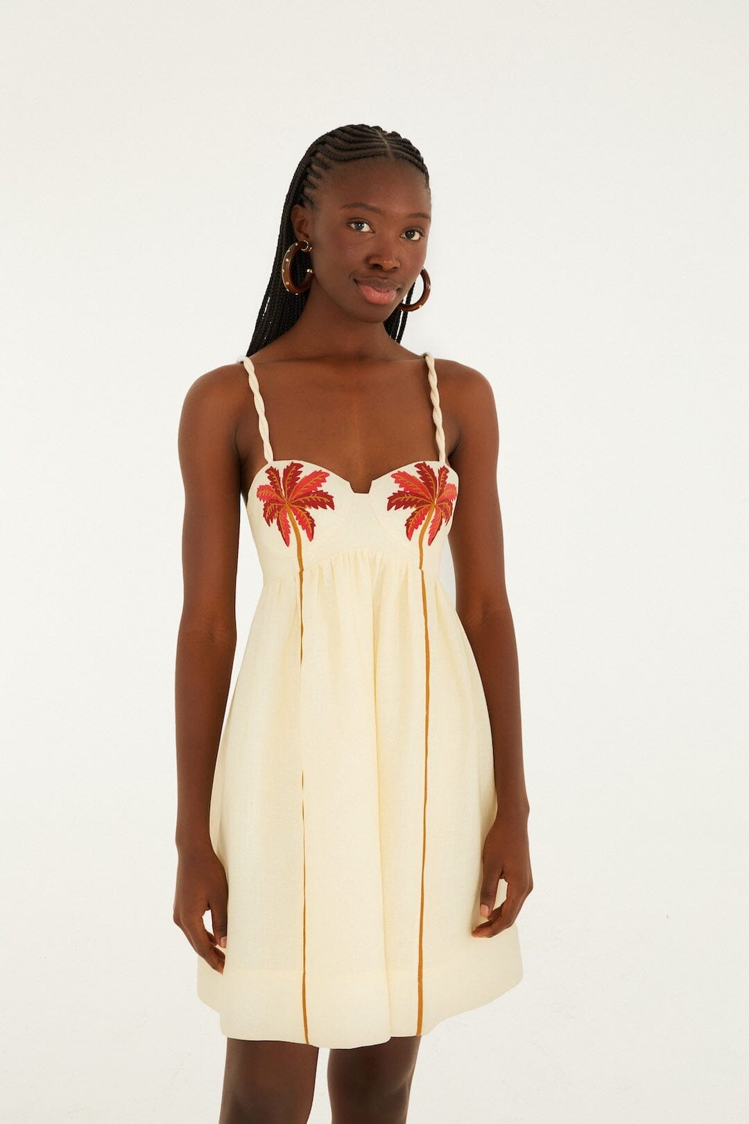 Off-White Coconut Tree Embroidered Euroflax Premium Linen Mini Dress - FARM Rio SAND