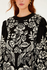 Black And White Cashew And Birds Knit Mini Dress - FARM Rio CASHEW AND BIRDS BLACK