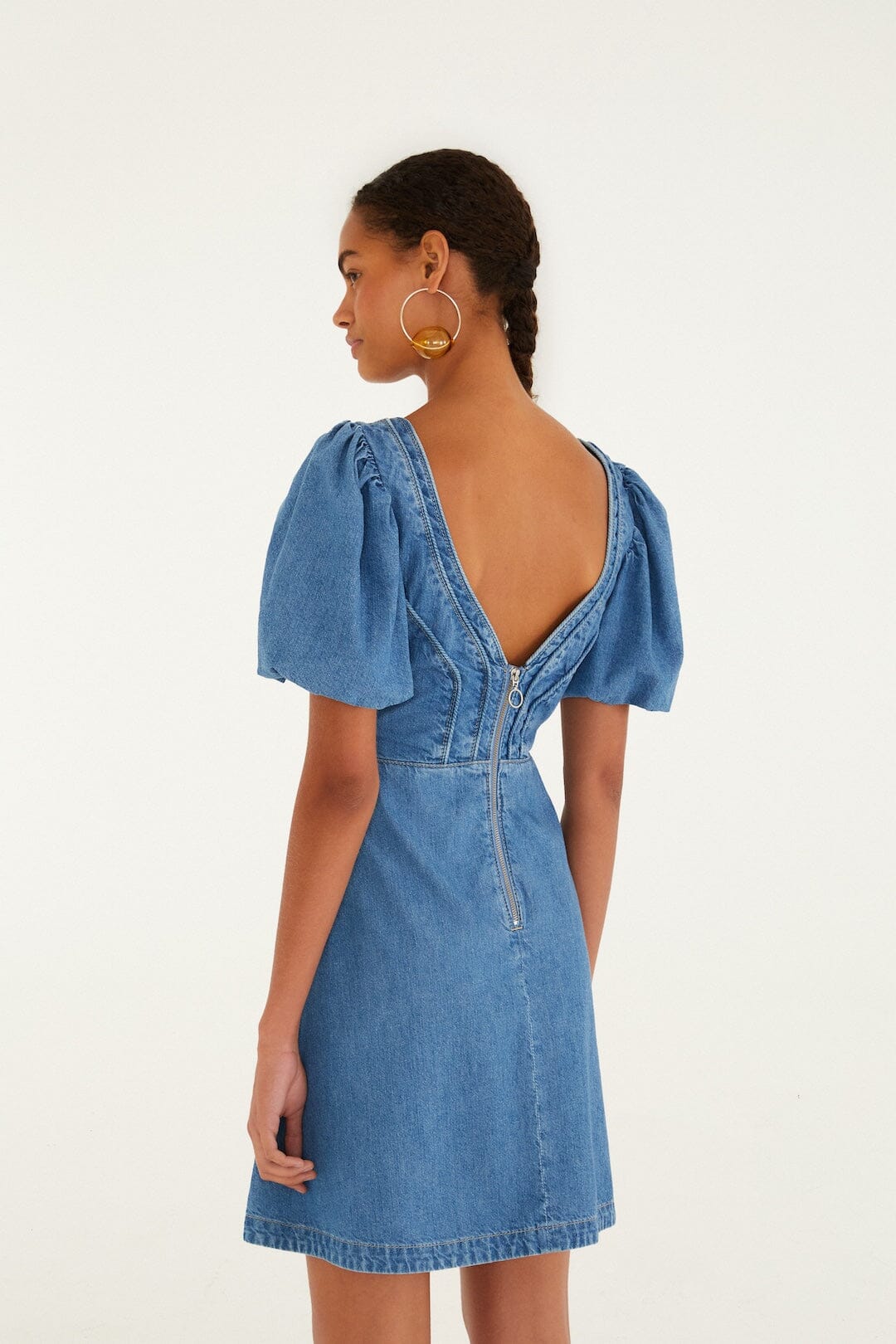 Denim Wavy Cut-Out Puff Sleeve Mini Dress - FARM Rio DENIM