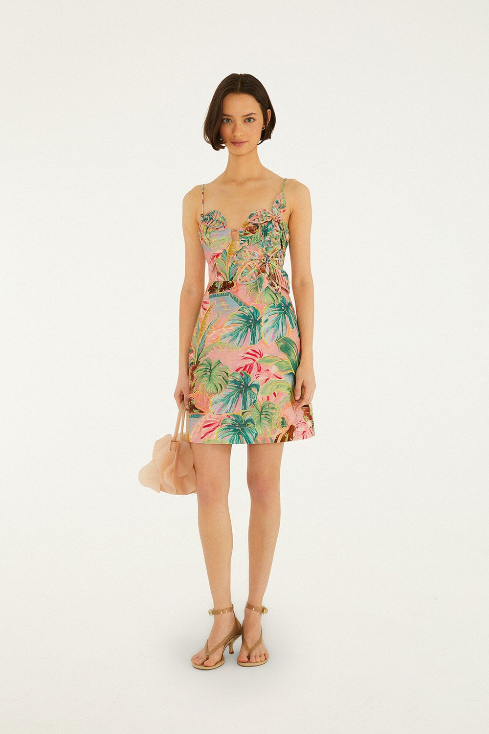 Soft Pink Pool Time 3d Flowers Euroflax Premium Linen Mini Dress - FARM Rio POOL TIME SOFT PINK