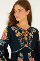 Dark Blue Maira Floral Lenzing Ecovero Euroflax Mini Dress - FARM Rio MAIRA FLORAL DARK BLUE