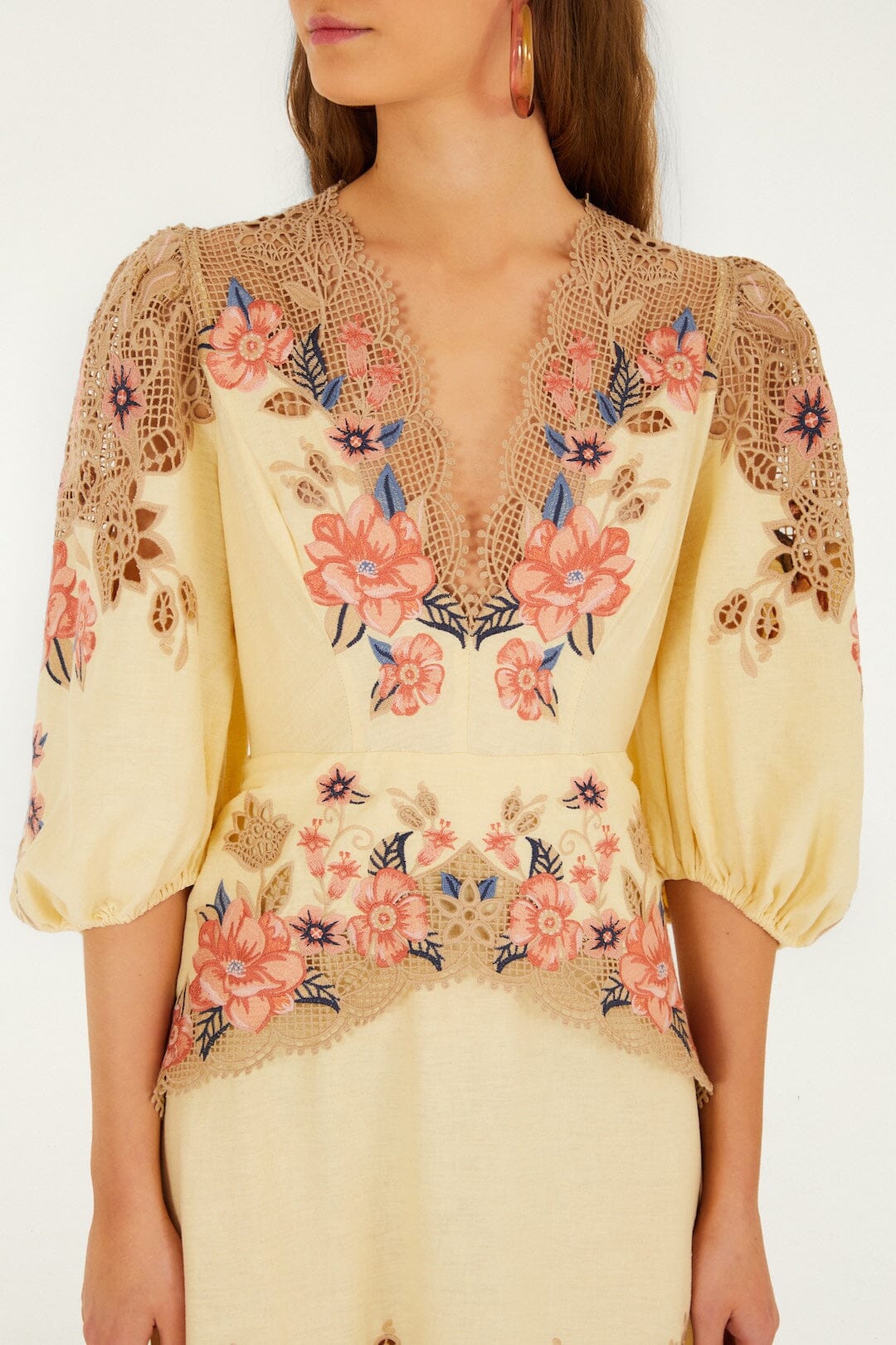 Butter Yellow Embroidered Lenzing Ecovero Euroflax Midi Dress - FARM Rio FLOWER POETRY SAND