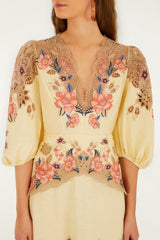 Butter Yellow Embroidered Lenzing Ecovero Euroflax Midi Dress - FARM Rio FLOWER POETRY SAND
