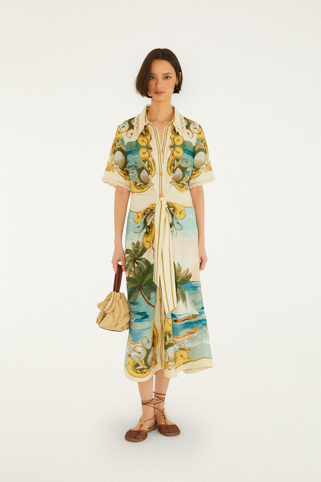 Off-White Royal Sea Collared Lenzing Ecovero Euroflax Midi Dress - FARM Rio ROYAL SEA MULTICOLOR
