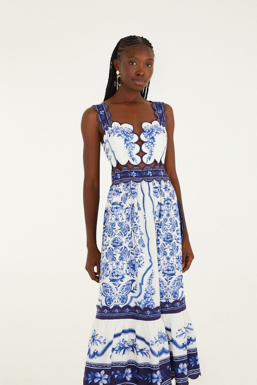 Off-White Porcelain Garden Cut-Out Lenzing Ecovero Euroflax Midi Dress - FARM Rio PORCELAIN GARDEN OFF-WHITE