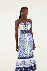 Off-White Porcelain Garden Cut-Out Lenzing Ecovero Euroflax Midi Dress - FARM Rio PORCELAIN GARDEN OFF-WHITE