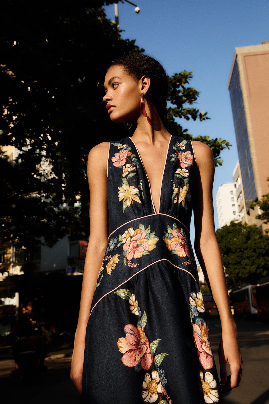 Dark Blue Maira Floral Euroflax Premium Linen Midi Dress - FARM Rio MAIRA FLORAL DARK BLUE