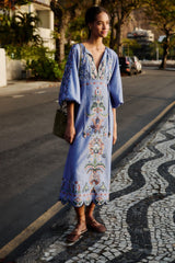 Blue Garden Tapestry Embroidered Long Sleeve Midi Dress - FARM Rio GARDEN TAPESTRY BLUE