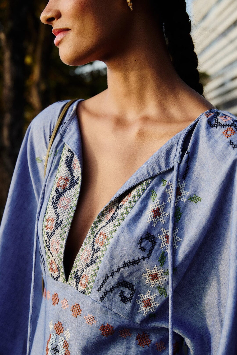 Blue Garden Tapestry Embroidered Long Sleeve Midi Dress - FARM Rio GARDEN TAPESTRY BLUE