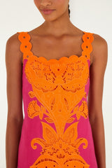 Pinke Cutwork Euroflax Premium Linen Midi Dress - FARM Rio PINK AND ORANGE