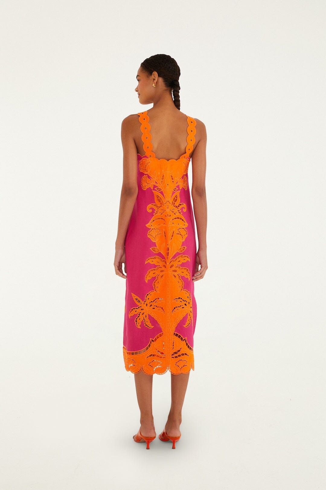 Pinke Cutwork Euroflax Premium Linen Midi Dress - FARM Rio PINK AND ORANGE
