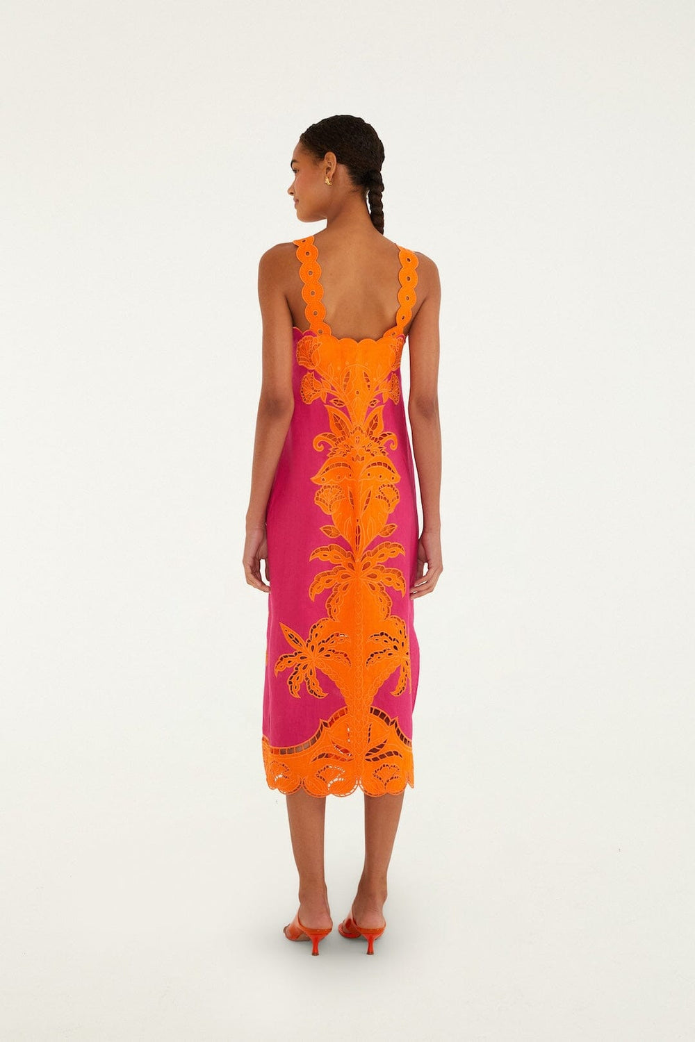 Pinke Cutwork Euroflax Premium Linen Midi Dress - FARM Rio PINK AND ORANGE