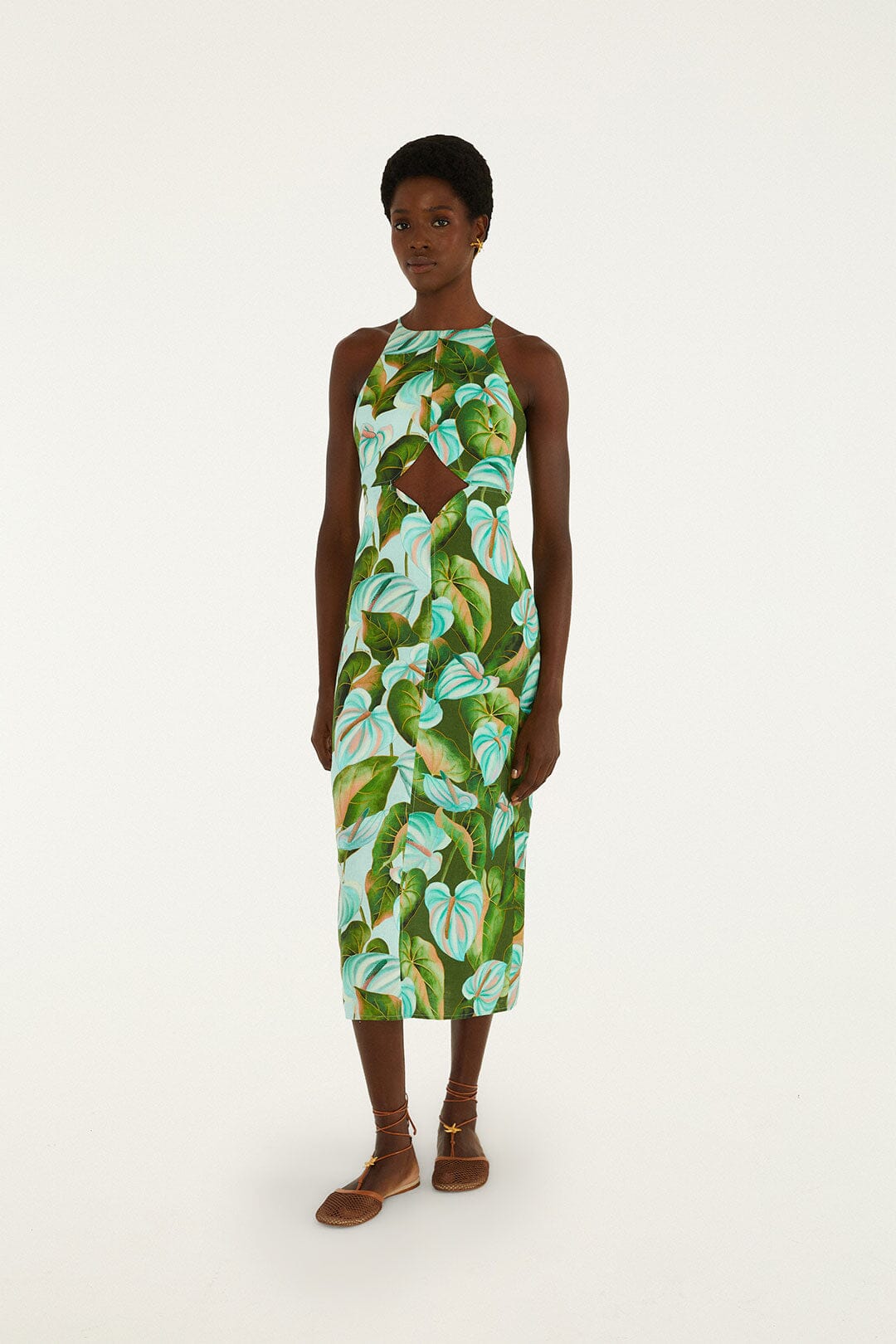 Green Anthurium Leaves Cut-Out Euroflax Premium Linen Midi Dress - FARM Rio ANTURIUM LEAVES GREEN