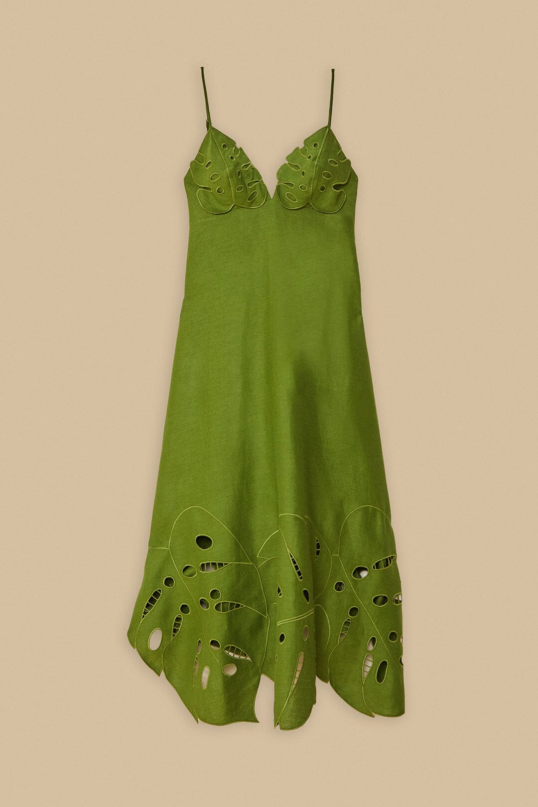 Green Monstera Embroidered Euroflax™ Premium Linen Midi Dress - FARM Rio GREEN