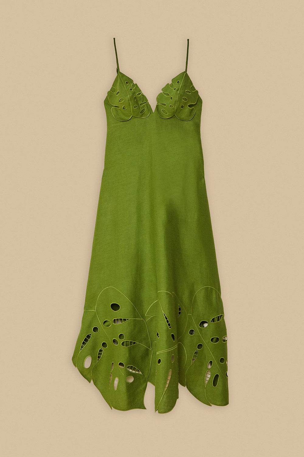 Green Monstera Embroidered Euroflax™ Premium Linen Midi Dress - FARM Rio GREEN
