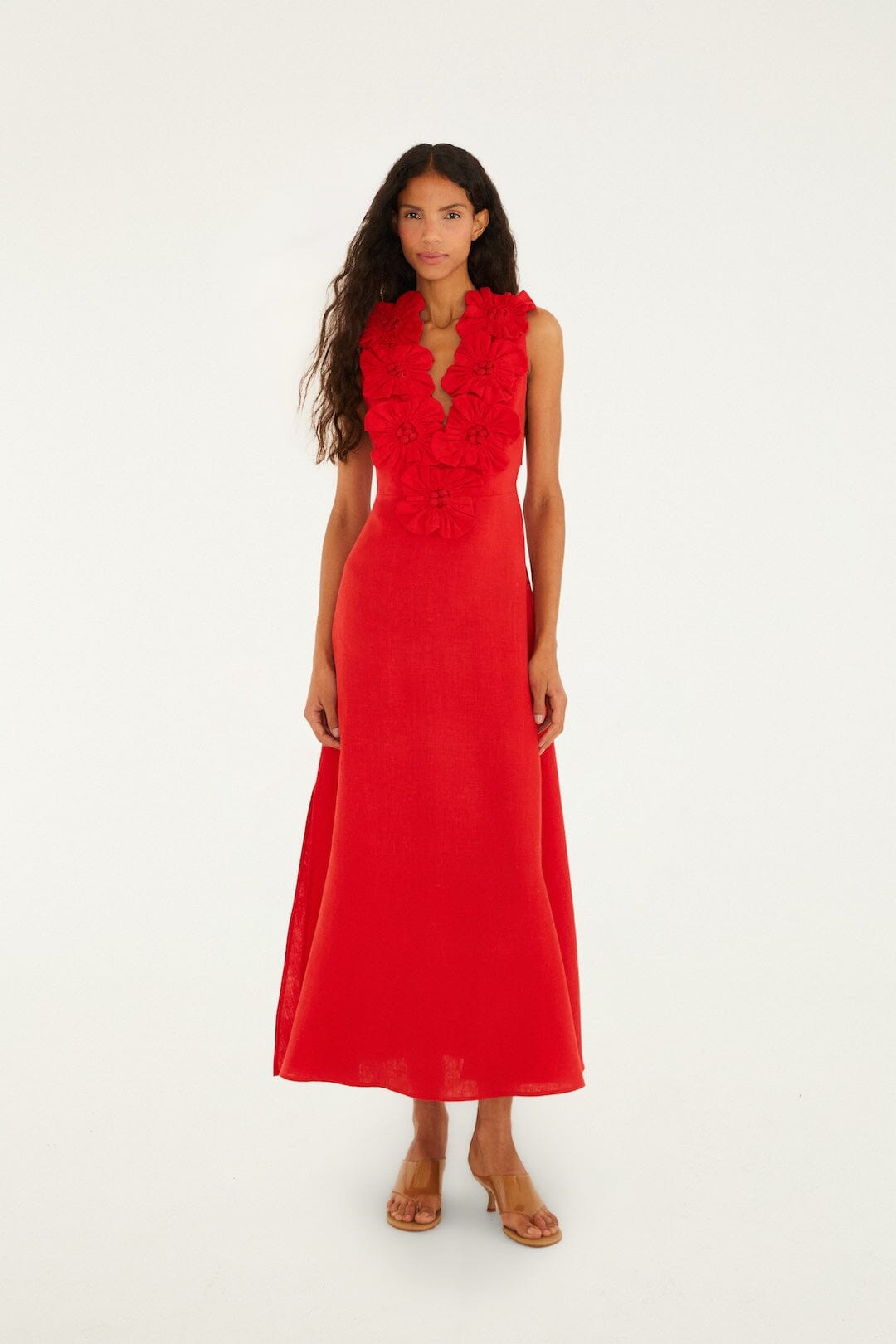 Red 3d Flower Euroflax Premium Linen Maxi Dress - FARM Rio RED