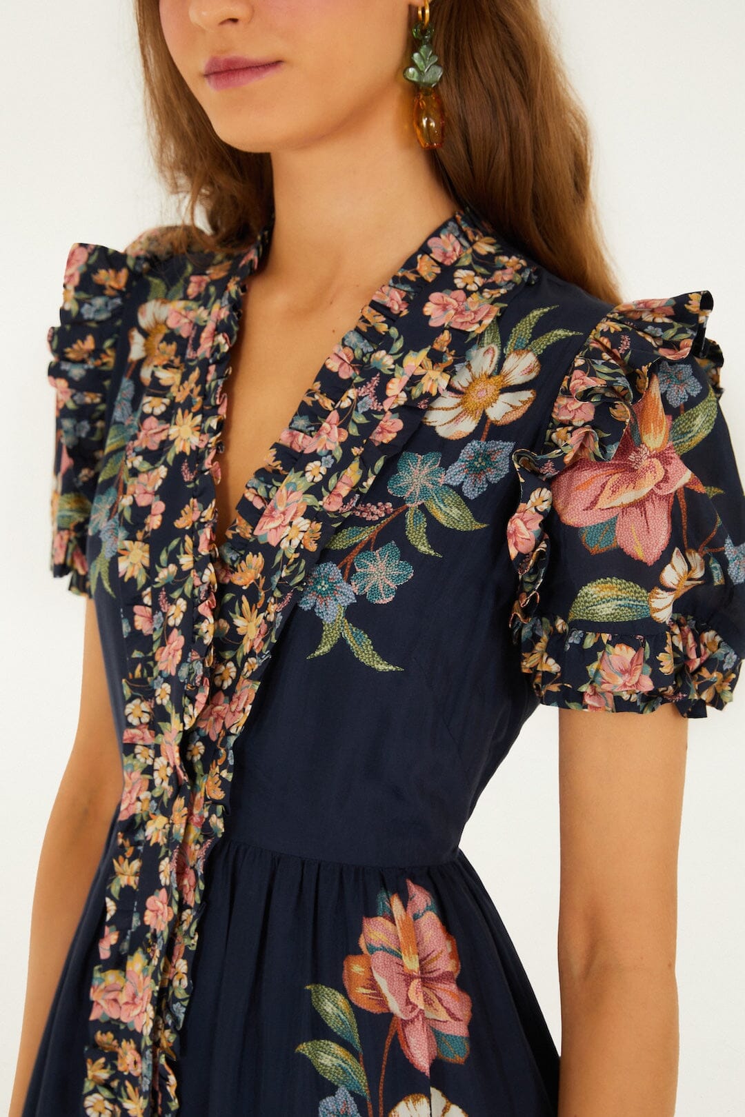 Dark Blue Maira Floral Short Sleeve Maxi Dress - FARM Rio MAIRA FLORAL DARK BLUE