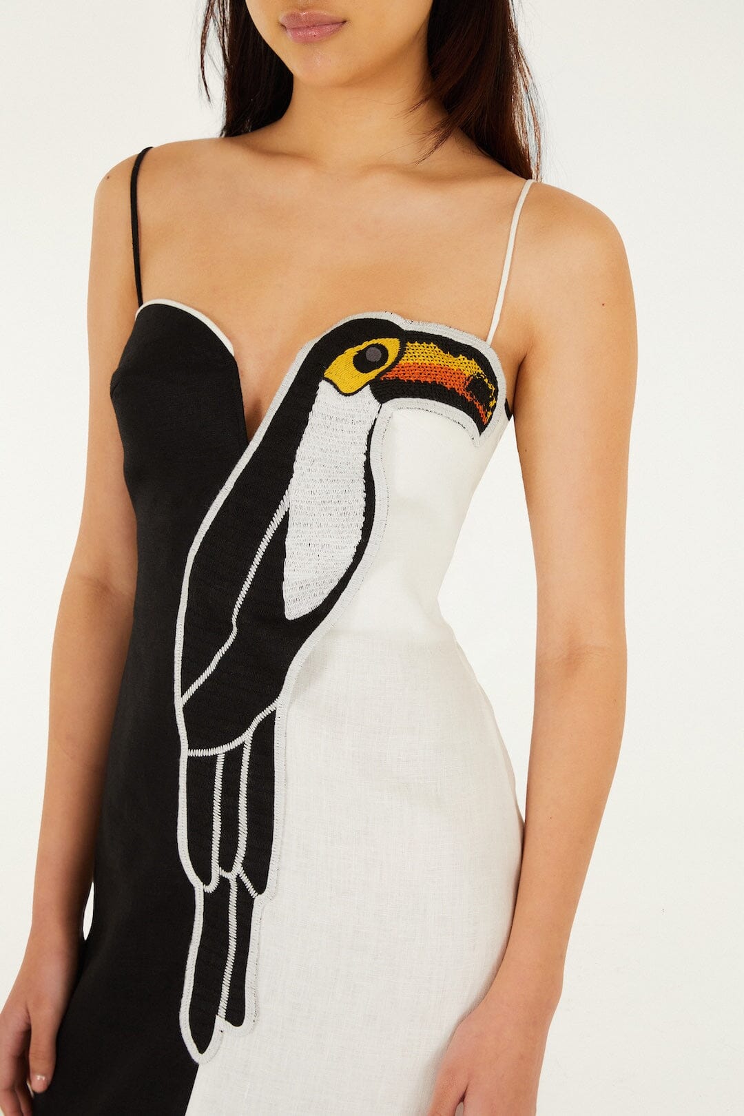 Black And White Embroidered Toucan Euroflax Premium Linen Sleeveless Maxi Dress - FARM Rio BLACK AND WHITE