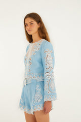 Light Blue Romantic Richelieu Euroflax Premium Linen Blouse - FARM Rio BLUE