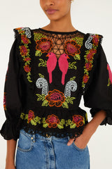 Black Mujeres Y Flores Embroidered Organic Cotton Richelieu Blouse - FARM Rio BLACK