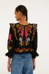 Black Mujeres Y Flores Embroidered Organic Cotton Richelieu Blouse - FARM Rio BLACK