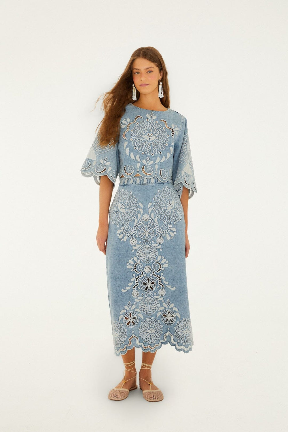 Denim Richelieu Kimono Sleeves Cropped Blouse - FARM Rio DENIM