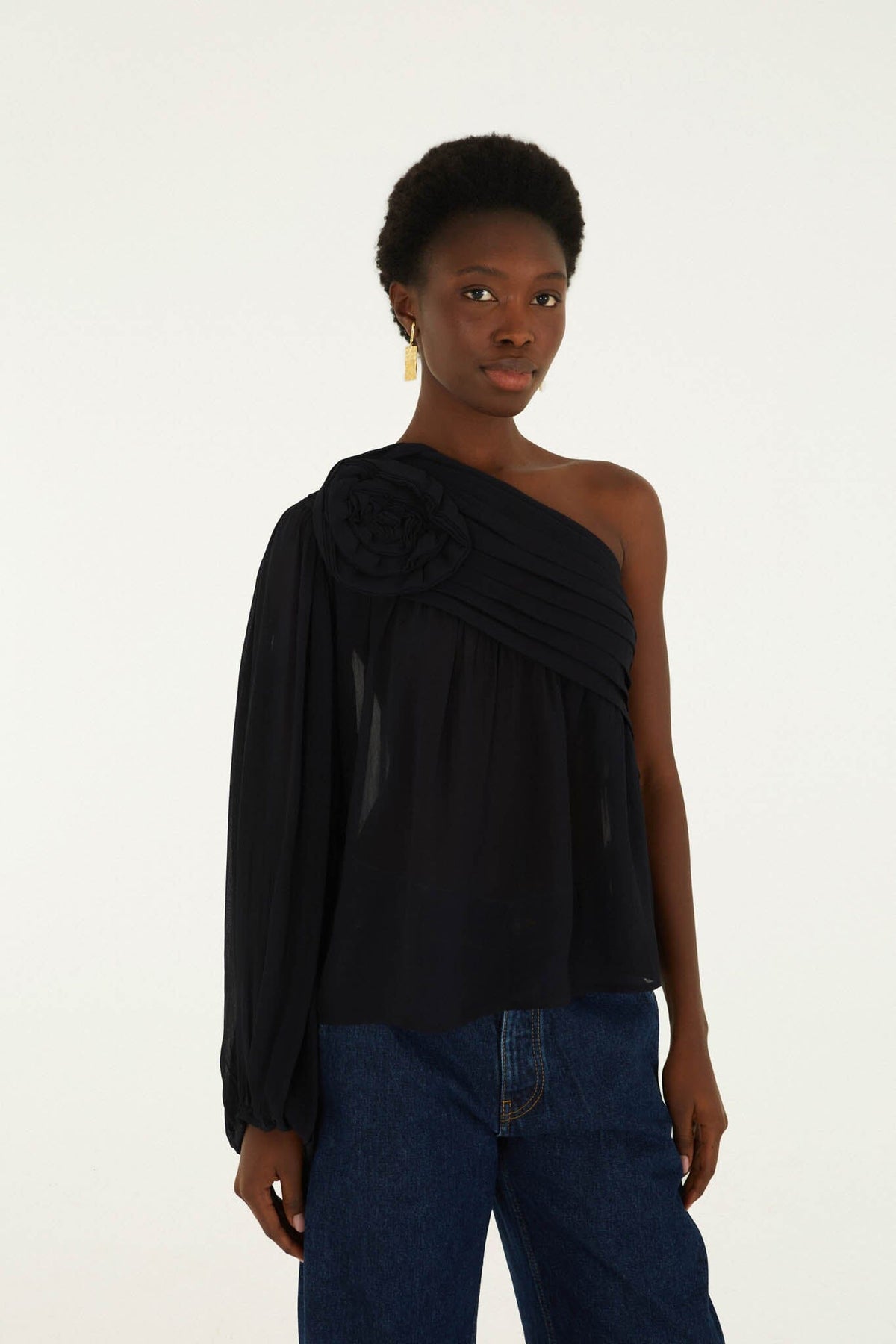 Black Rose One Shoulder Blouse - FARM Rio BLACK