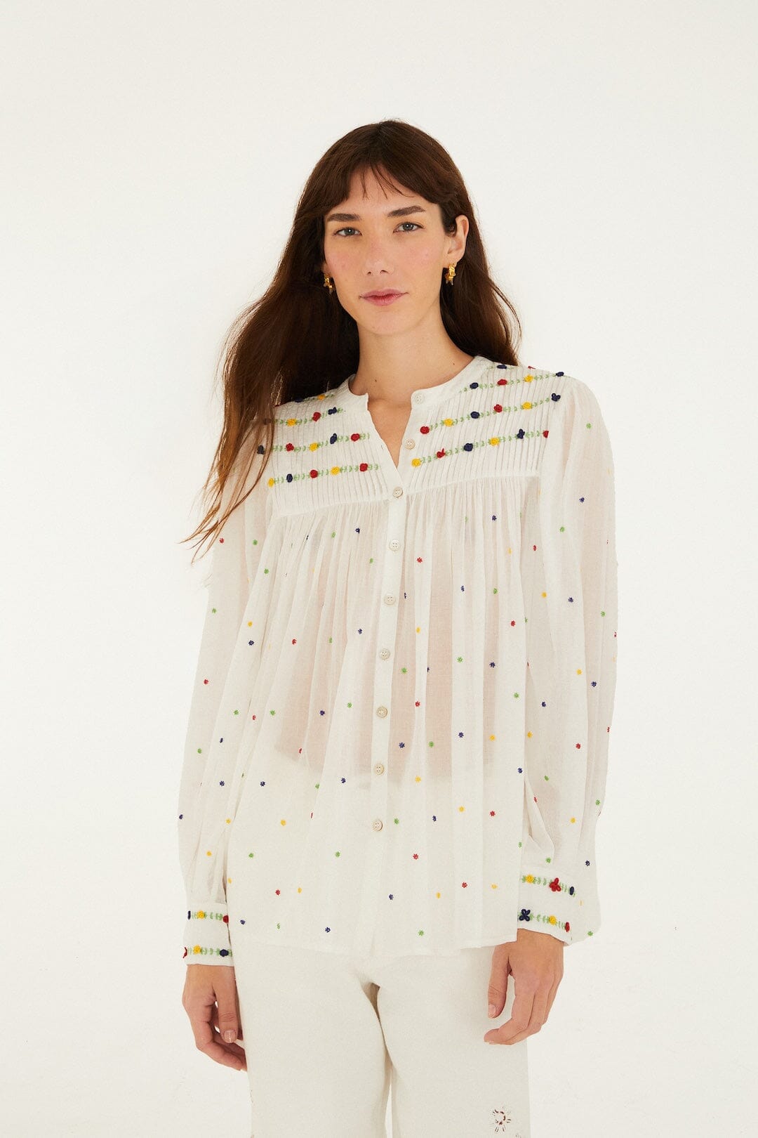 Off-White Embroidered Beads Organic Cotton Long Sleeve Blouse - FARM Rio OFF-WHITE