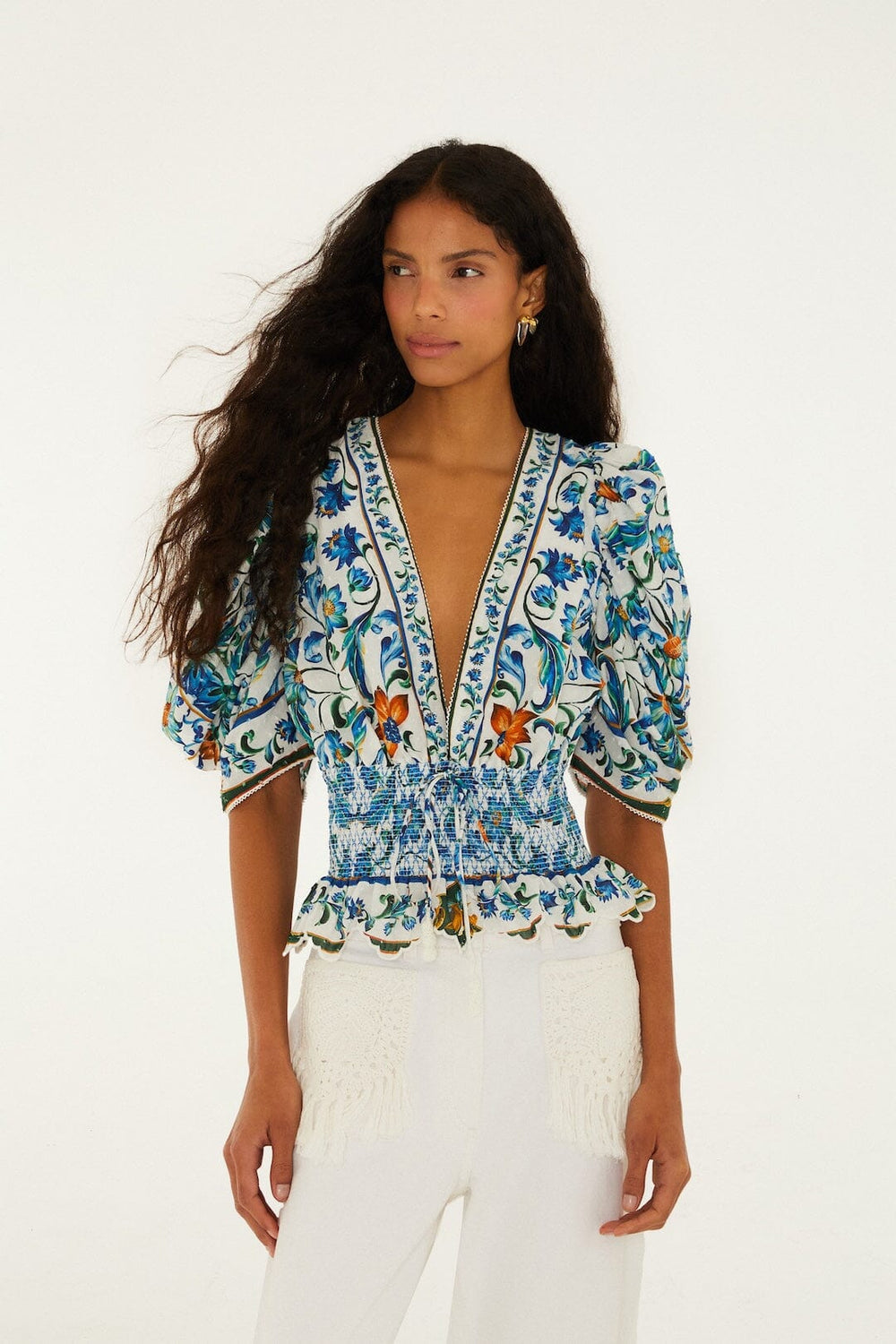 Off-White Flora Tile Smocked Organic Cotton Blouse - FARM Rio FLORA TILE OFF-WHITE