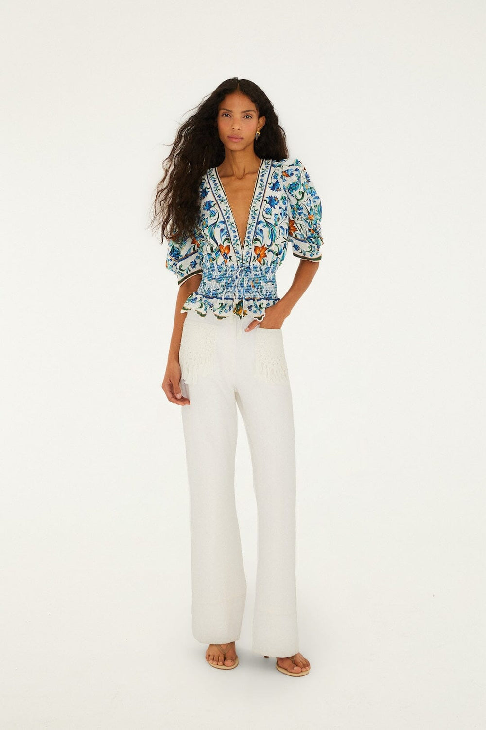 Off-White Flora Tile Smocked Organic Cotton Blouse - FARM Rio FLORA TILE OFF-WHITE