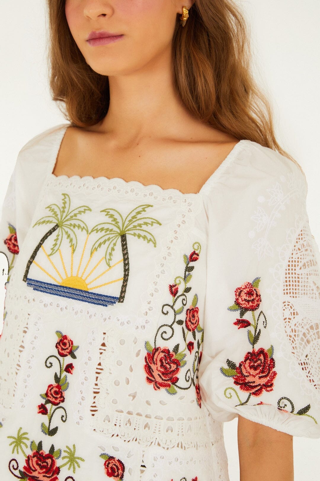 Off-White Tropi Scarf Embroidered Organic Cotton Blouse - FARM Rio TROPI OFF-WHITE SCARF