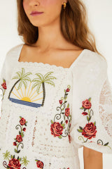Off-White Tropi Scarf Embroidered Organic Cotton Blouse - FARM Rio TROPI OFF-WHITE SCARF