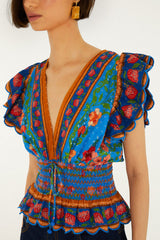 Bright Blue Rococo Flowers Blouse - FARM Rio ROCOCO FLOWERS BRIGHT BLUE