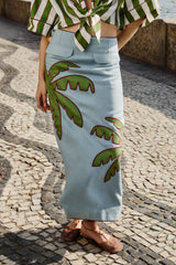 Blue Embroidered Palm Tree Euroflax Premium Linen Maxi Skirt - FARM Rio BLUE