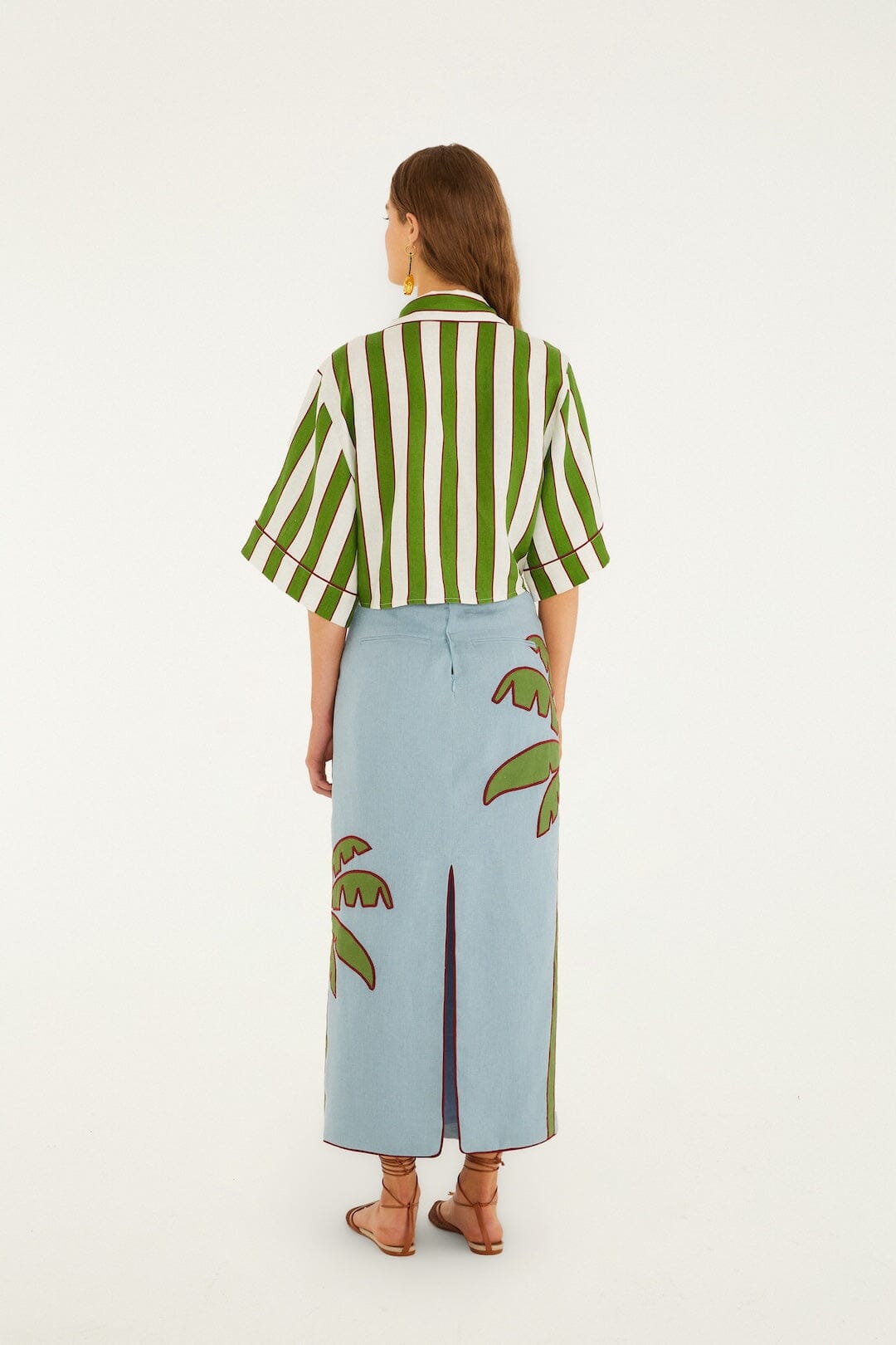 Blue Embroidered Palm Tree Euroflax Premium Linen Maxi Skirt - FARM Rio BLUE