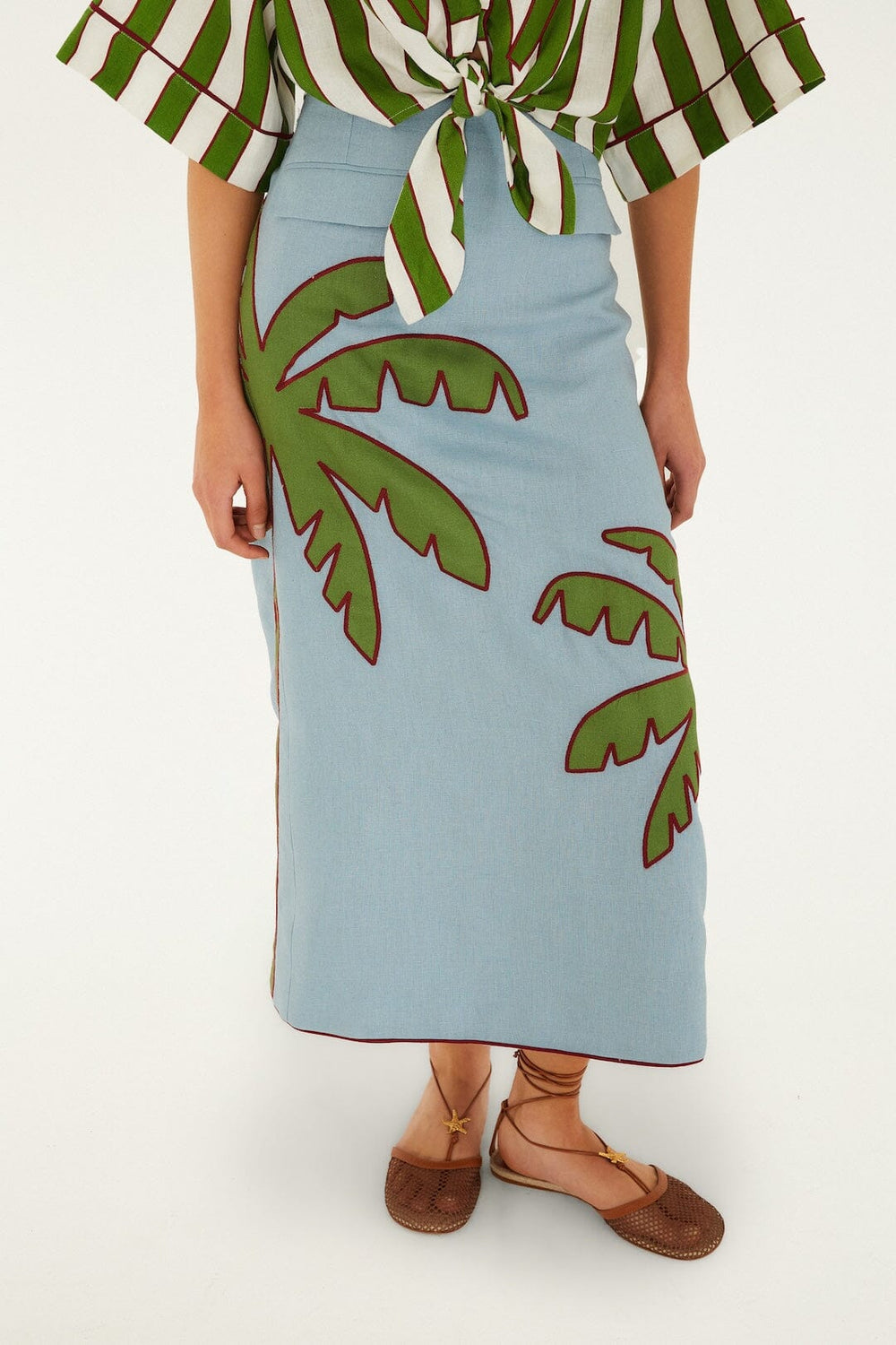 Blue Embroidered Palm Tree Euroflax Premium Linen Maxi Skirt - FARM Rio BLUE