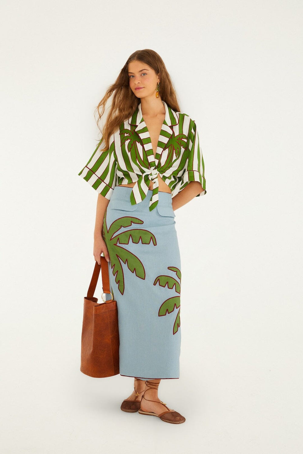 Blue Embroidered Palm Tree Euroflax Premium Linen Maxi Skirt - FARM Rio BLUE