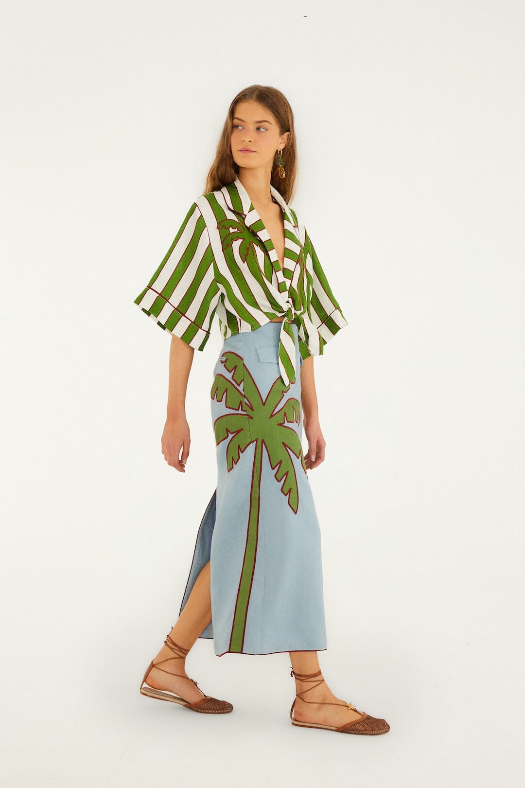 Blue Embroidered Palm Tree Euroflax Premium Linen Maxi Skirt - FARM Rio BLUE