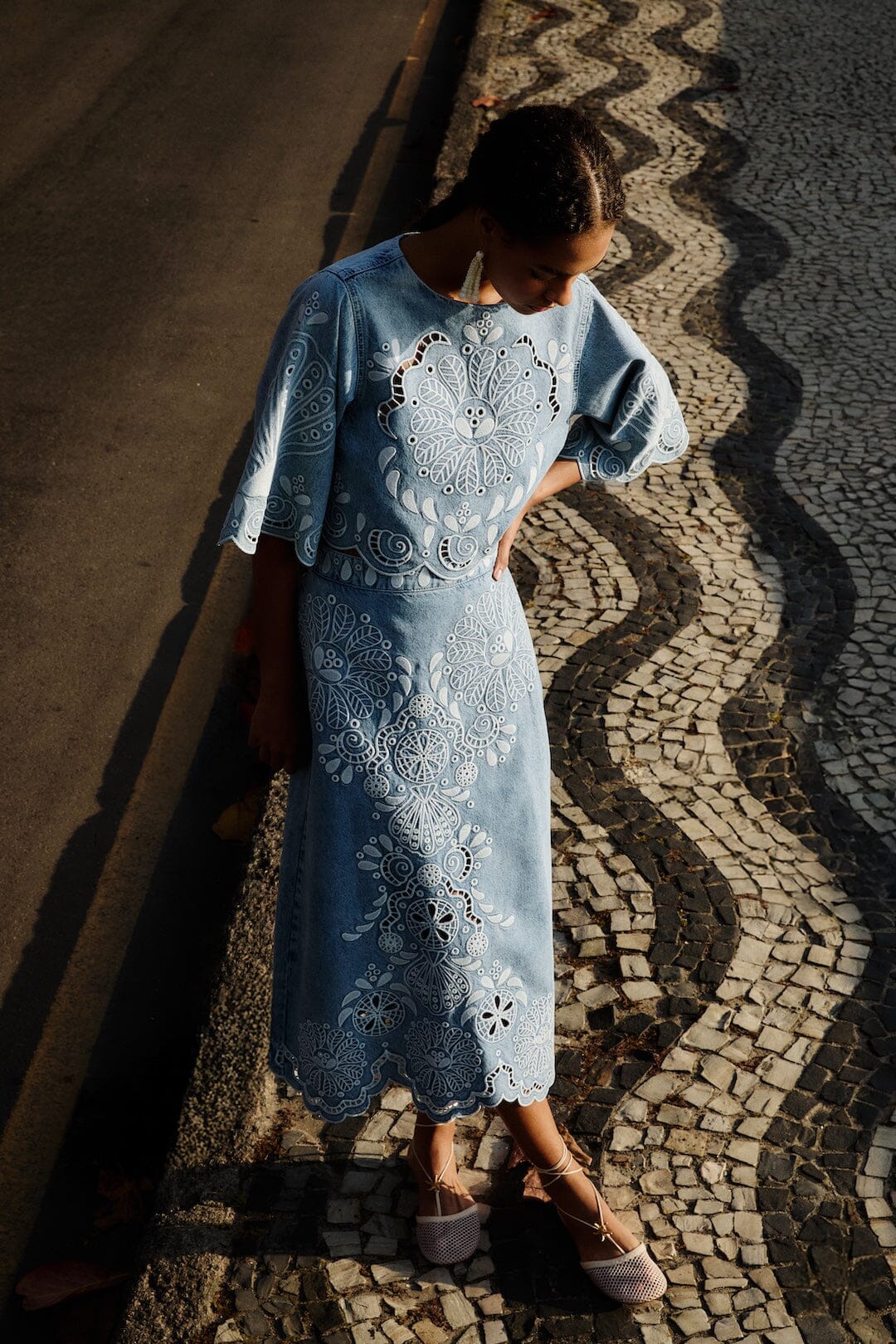 Denim Richelieu Wavy Hem Midi Skirt - FARM Rio DENIM