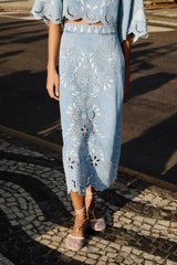 Denim Richelieu Wavy Hem Midi Skirt - FARM Rio DENIM