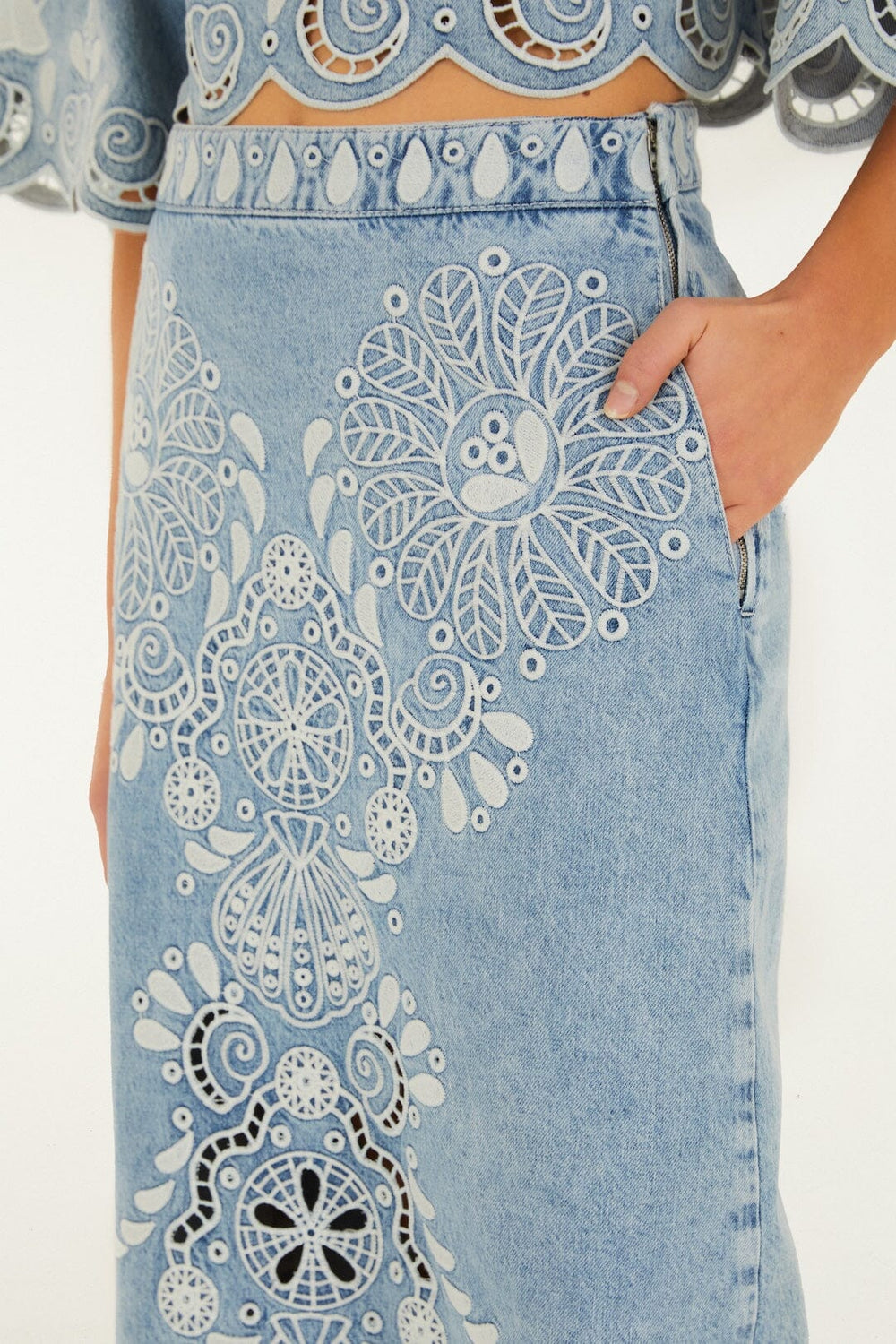 Denim Richelieu Wavy Hem Midi Skirt - FARM Rio DENIM