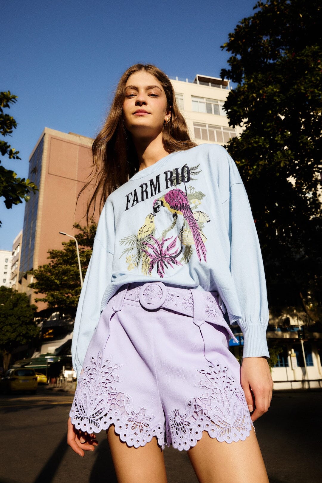 Lilac Geometric Richelieu Twill Belted Shorts - FARM Rio PURPLE