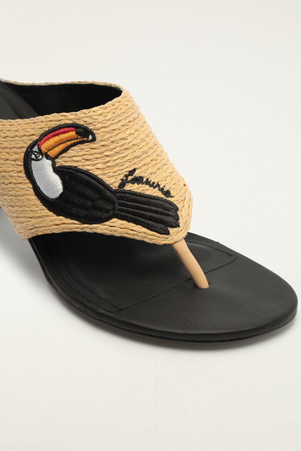 Raffia Embroidered Icons Kitten Heeled Sandal - FARM Rio TUCAN BLACK