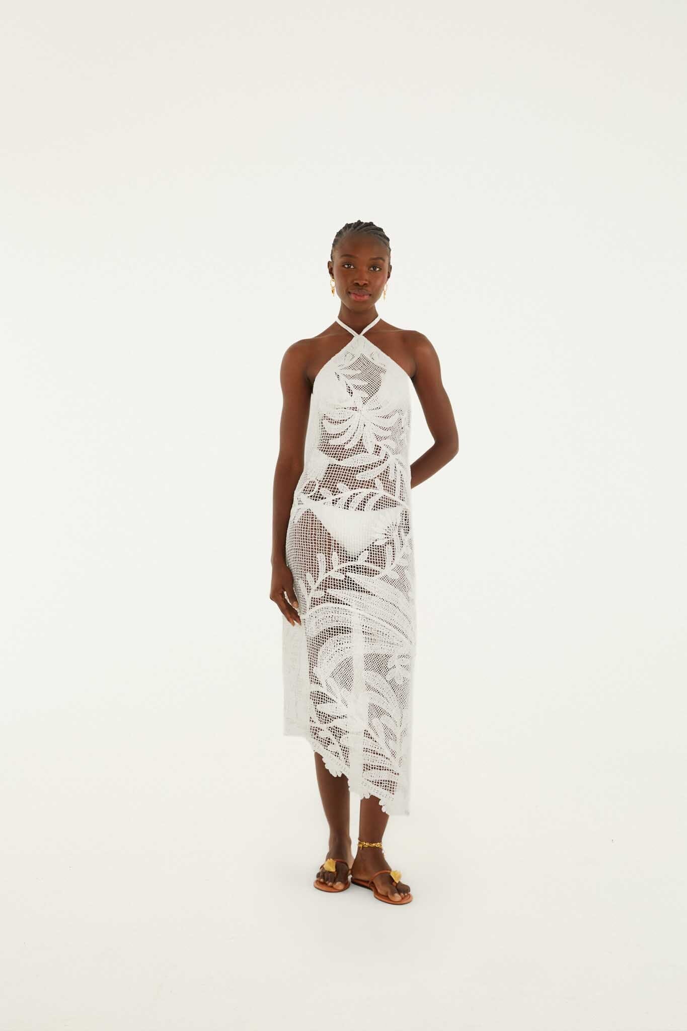 White Crochet Halter Neck Sheer Midi Dress - FARM Rio MARTINA TAPESTRY