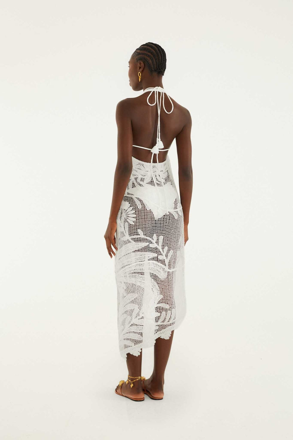 White Crochet Halter Neck Sheer Midi Dress - FARM Rio MARTINA TAPESTRY