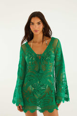 Green Richelieu Open Sheer Back Mini Dress - FARM Rio MARTINA TAPESTRY
