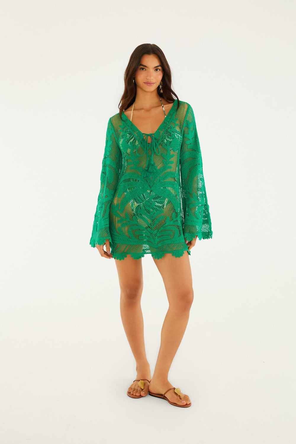 Green Richelieu Open Sheer Back Mini Dress - FARM Rio MARTINA TAPESTRY