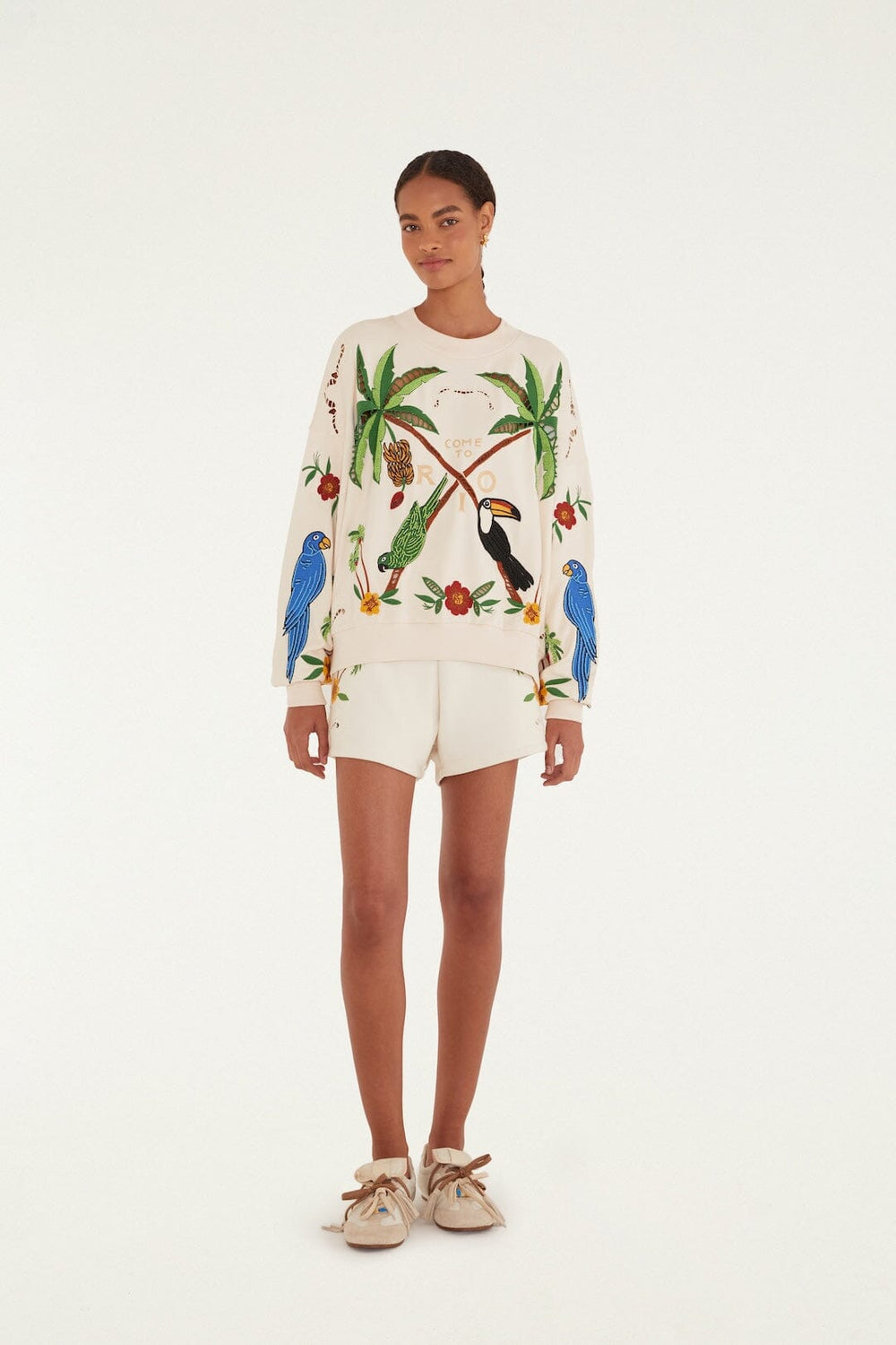 Off-White Coconut Trees Come To Rio Embroidered Sweatshirt - FARM Rio OFF-WHITE