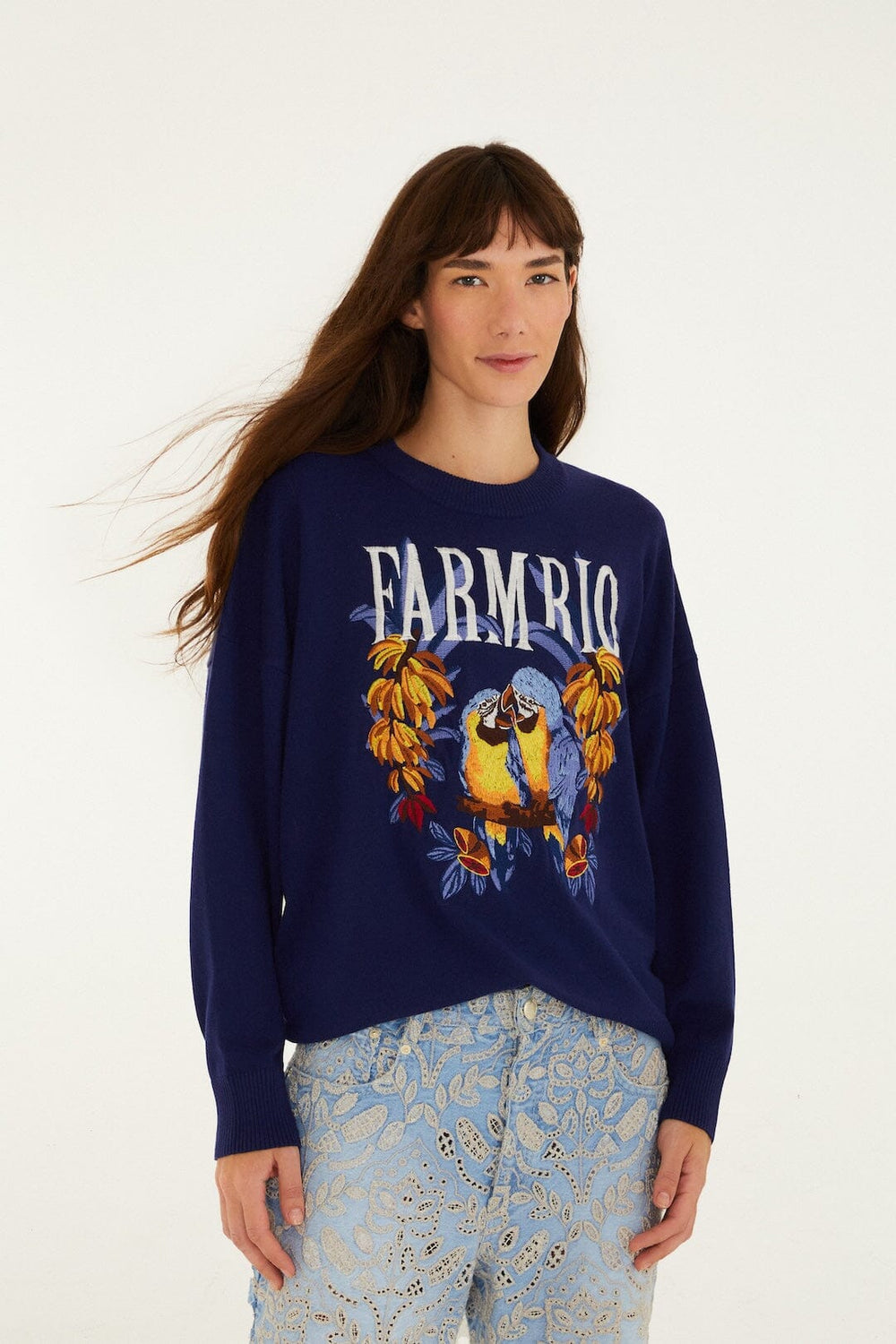Dark Blue Love Birds Embroidered Sweater - FARM Rio BLUE