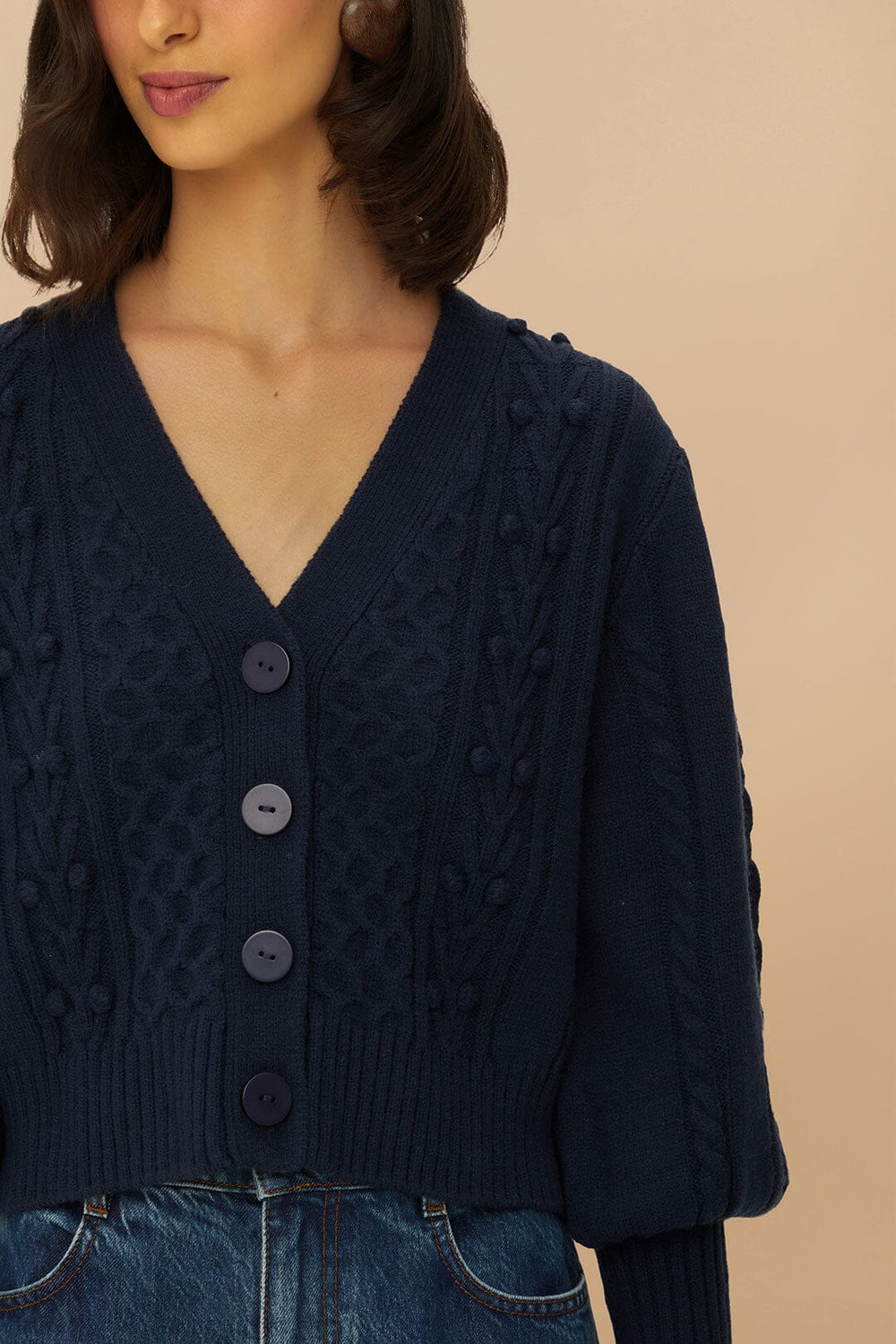 Navy Blue Mixed Stitches Knit Cardigan - FARM Rio DARK BLUE